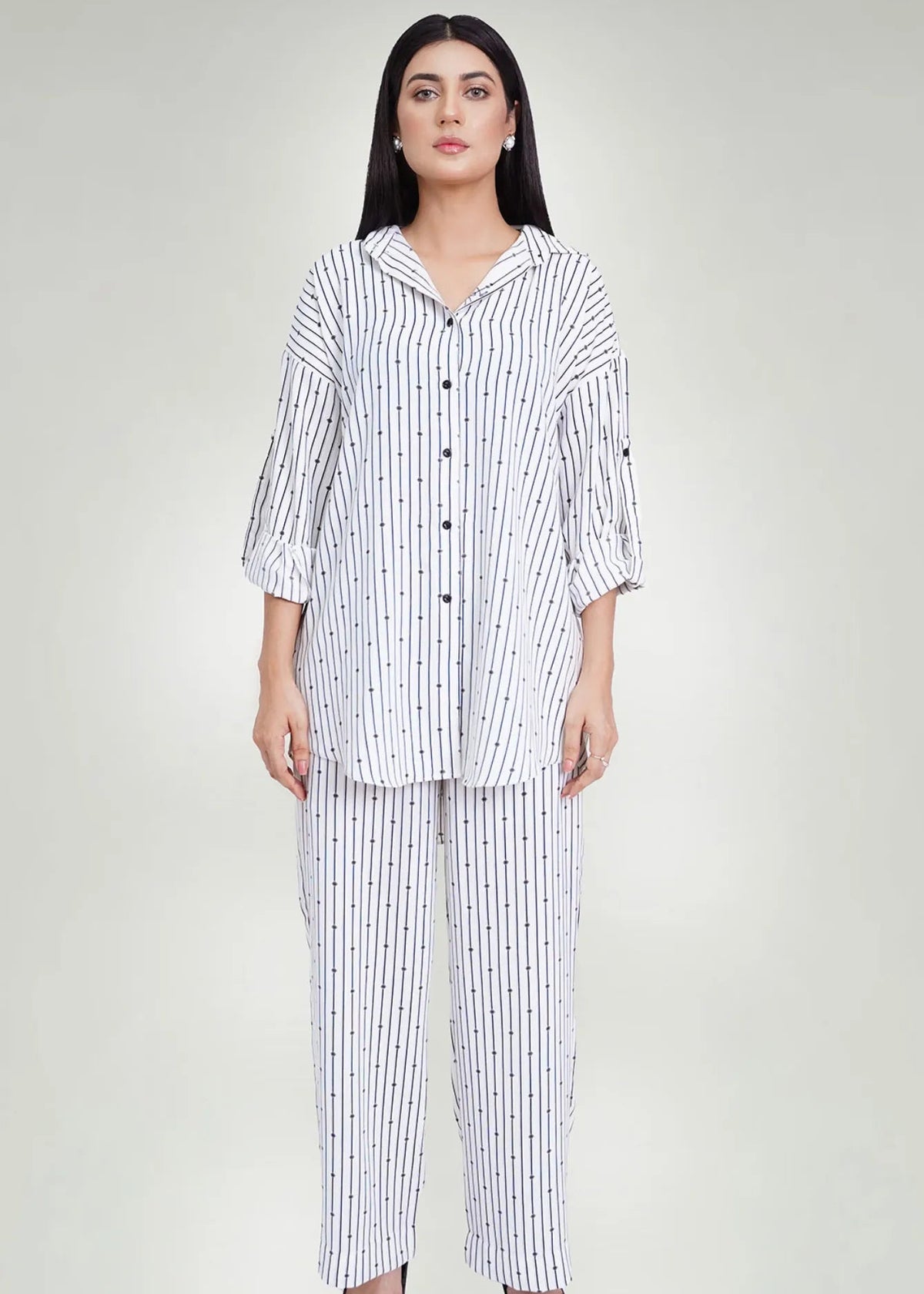 Men's white printed co-ord set with 3/4-sleeve shirt and matching straight-leg pants