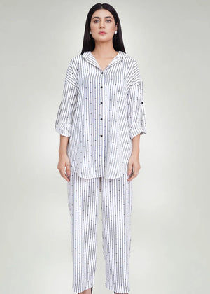 Men's white printed co-ord set with 3/4-sleeve shirt and matching straight-leg pants