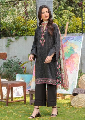 Women's 3-piece suit: dark kurta with floral embroidery, black pants, printed dupatta.