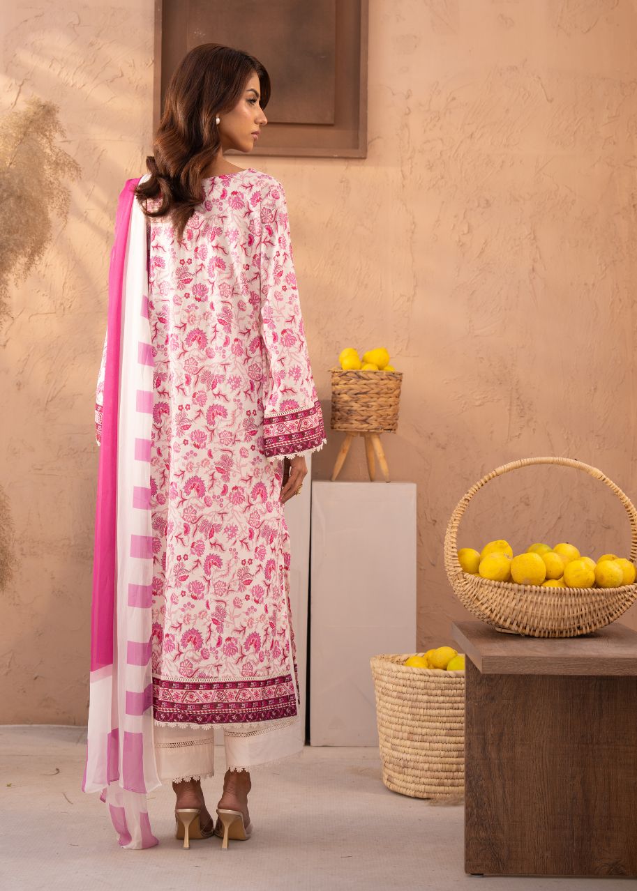 Pink floral printed tunic suit with sheer dupatta and straight pants