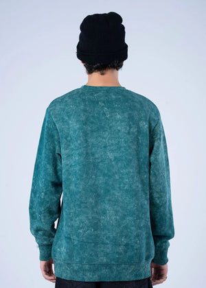 Back view of teal terry crewneck sweatshirt with ribbed cuffs and hem