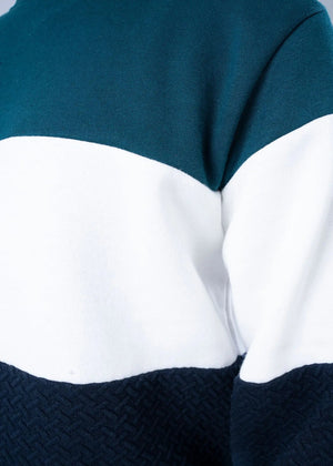 Fleece sweatshirt close-up: green, white, and navy color-block stripes