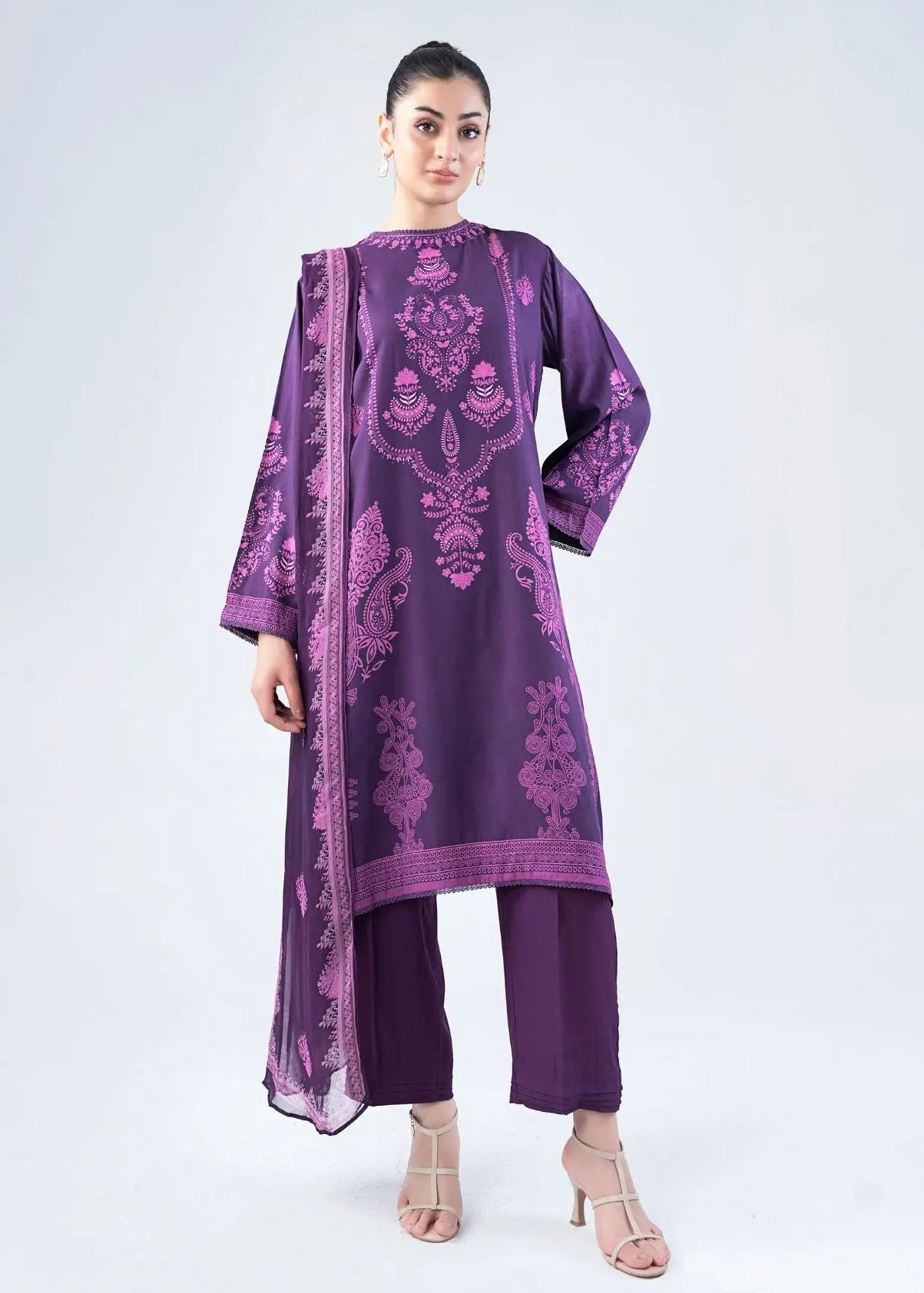 Women's purple printed 3-piece winter suit with long tunic, straight pants, and dupatta