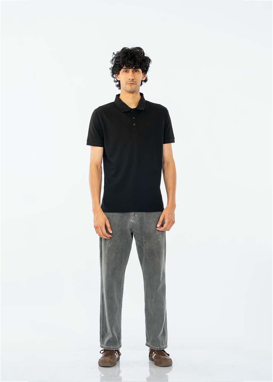 Men's black cotton pique polo shirt, short sleeves, button placket and ribbed collar