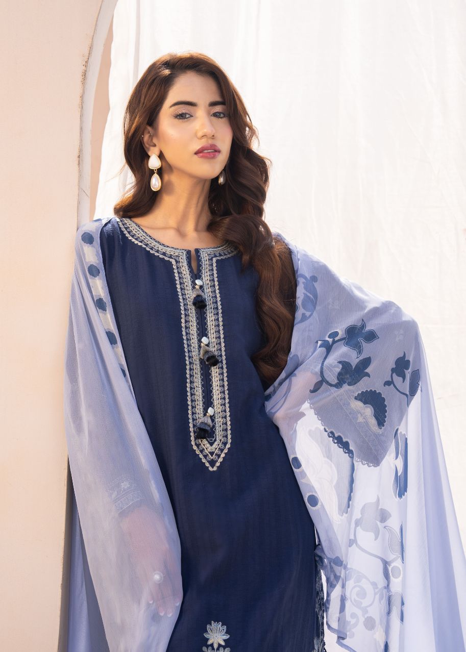 3 PIECE EMBROIDERED SUIT D/BLUE - LDS-6975
