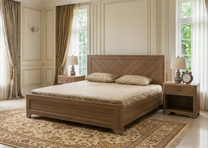 Jupiter bed with side tables, upholstered headboard, wood frame, two nightstands