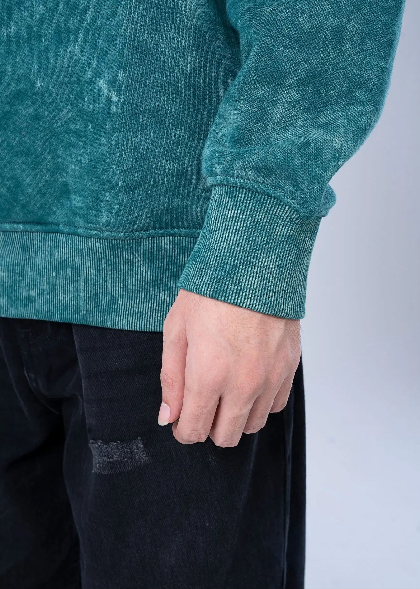 Teal terry sweatshirt sleeve cuff with ribbed knit trim