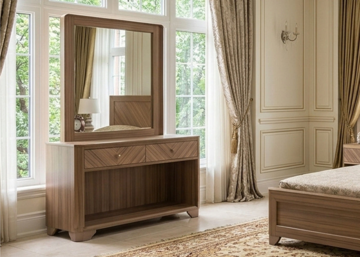Jupiter dresser with mirror and lamp, wood finish, cabinet doors