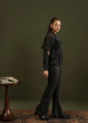Men's black fleece zip hoodie and jogger pants, side profile