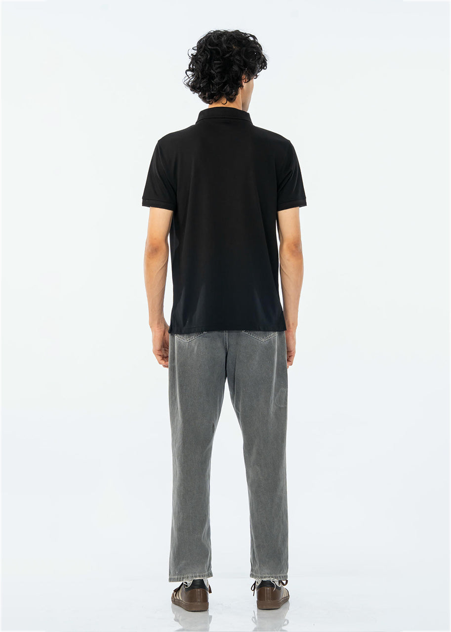Men's black cotton pique polo shirt, back view, short sleeves and collar