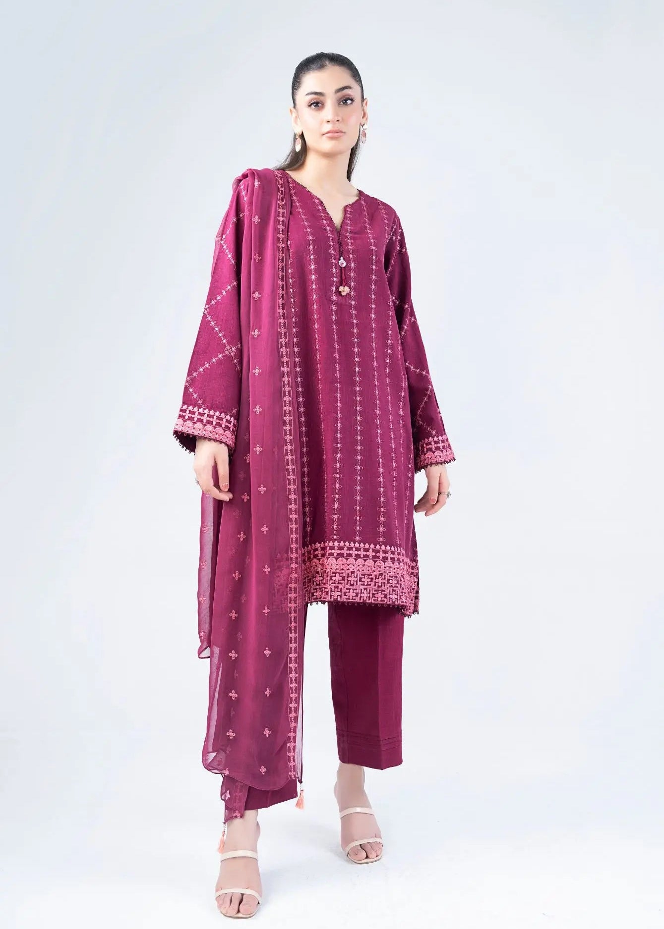 Maroon 3-piece winter suit: embroidered kurta, matching pants, sheer dupatta