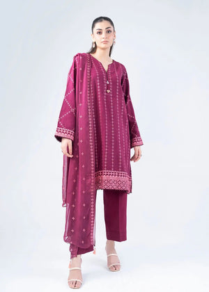 Maroon 3-piece winter suit: embroidered kurta, matching pants, sheer dupatta