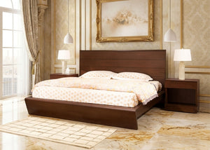 Dark brown wooden bed with headboard, footboard, and side tables