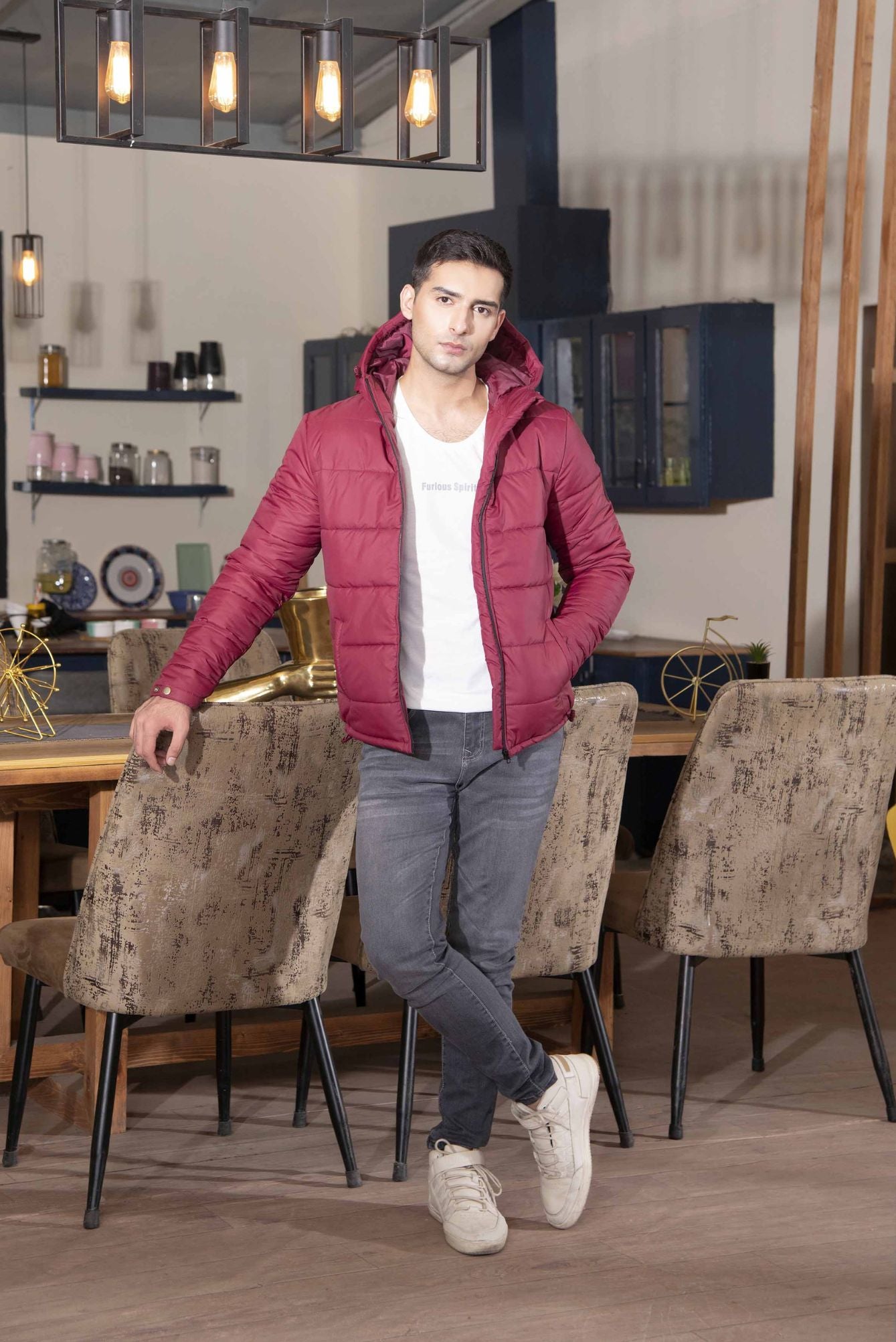 Picture of GTS-6388 FASHION JACKET F/SLV WITH HOODIE MAROON - Chenone Official - Online Shopping