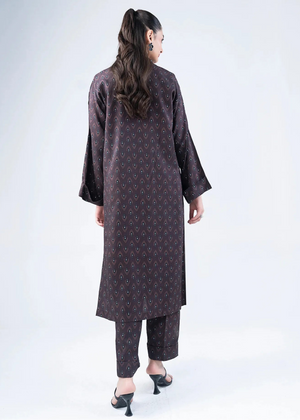 Women's winter co-ord set: long printed kurta and matching pants, back view