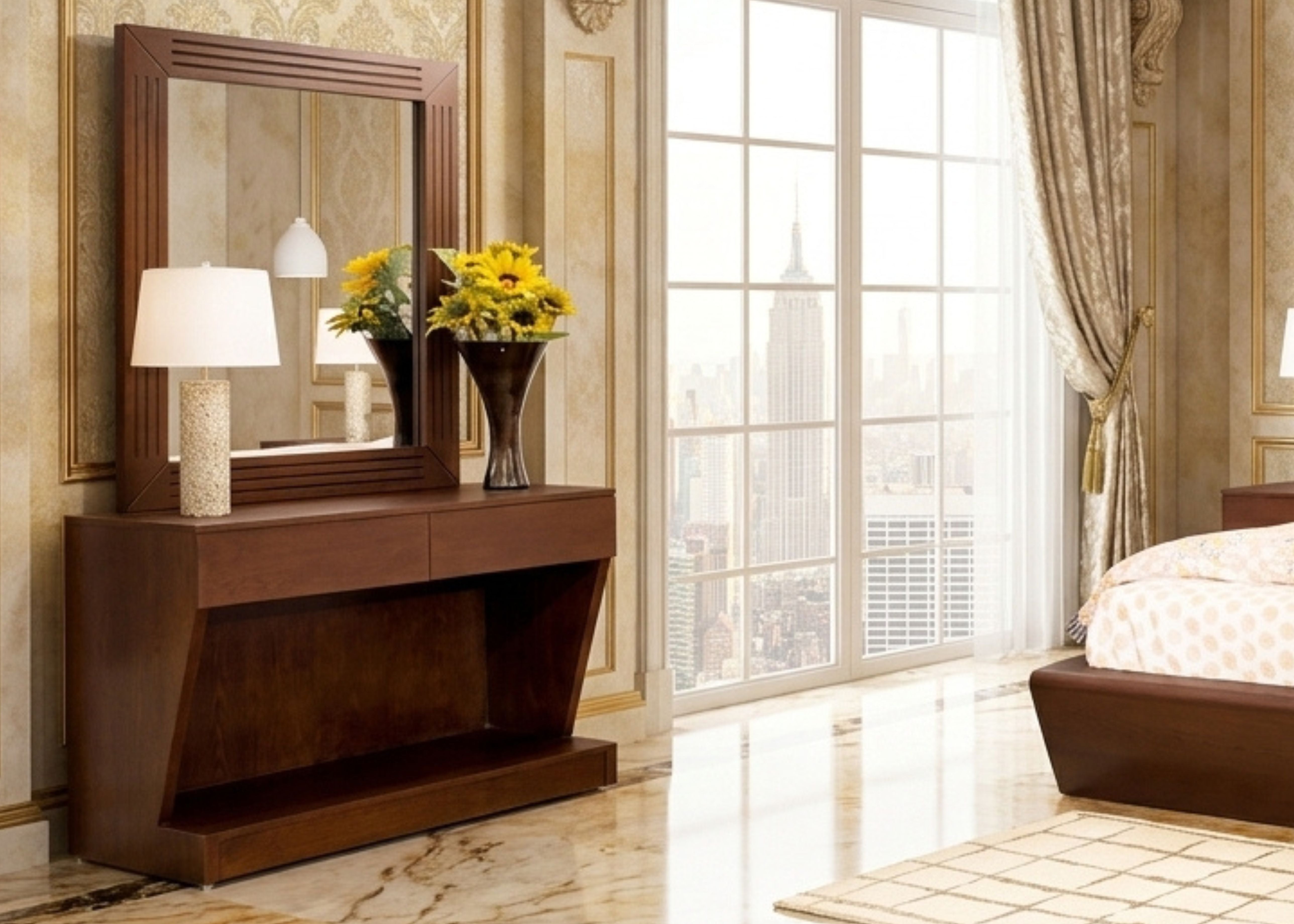 Dark brown wooden dresser with mirror and two lamps