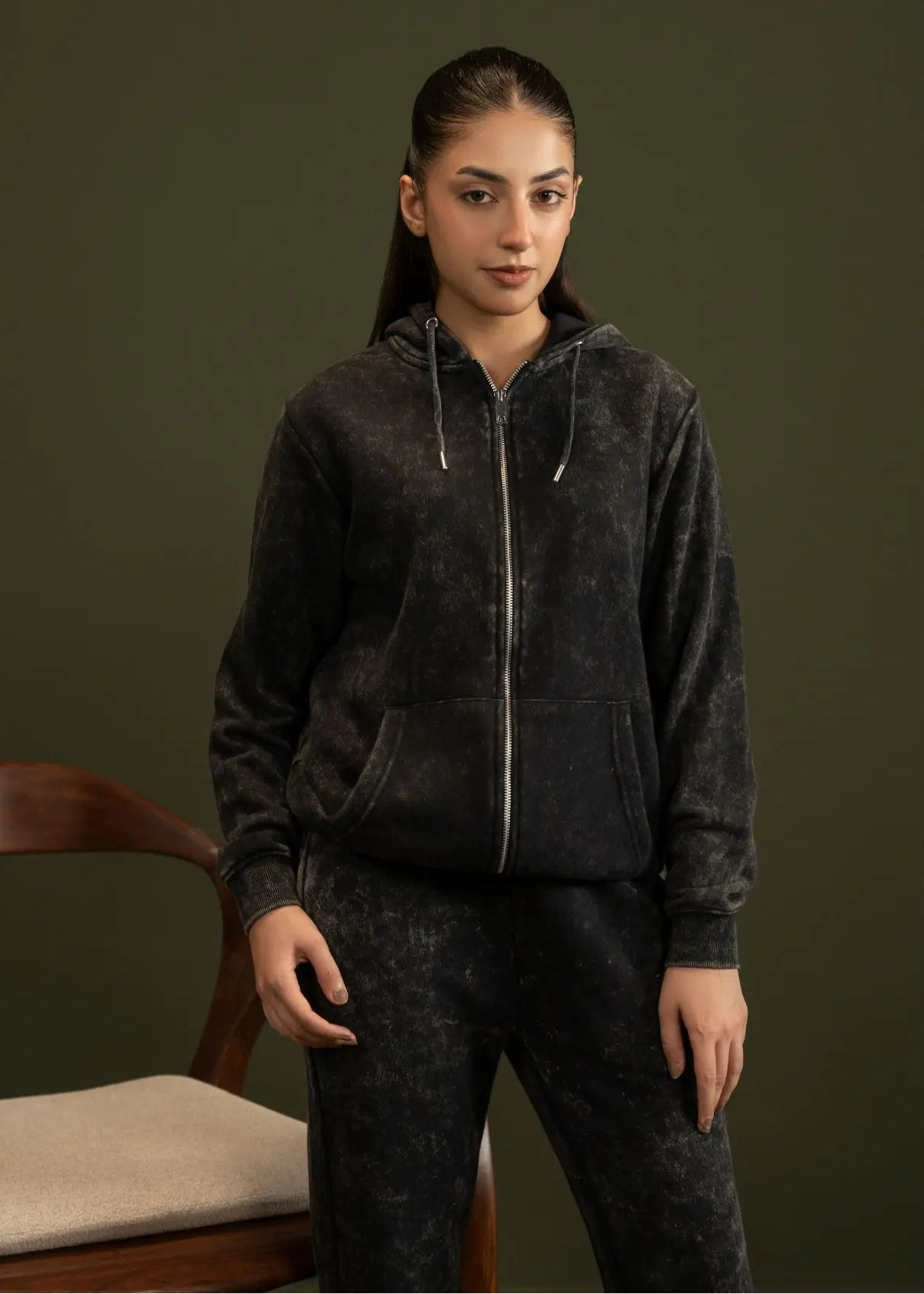 Men's black fleece zip hoodie and joggers, front close-up