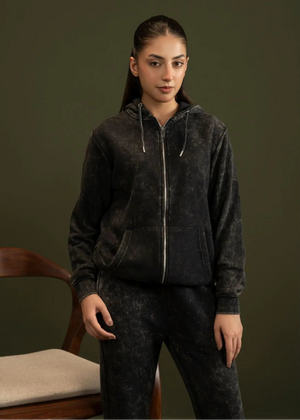 Men's black fleece zip hoodie and joggers, front close-up
