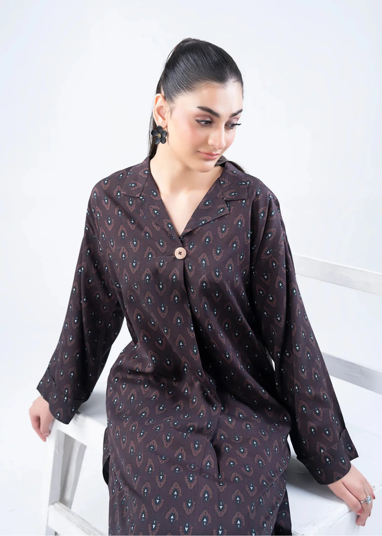Women's winter co-ord set: button-front printed kurta with loose sleeves