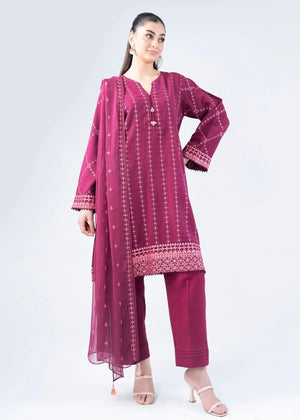 Maroon 3-piece winter suit set: long kurta with geometric embroidery, pants, dupatta