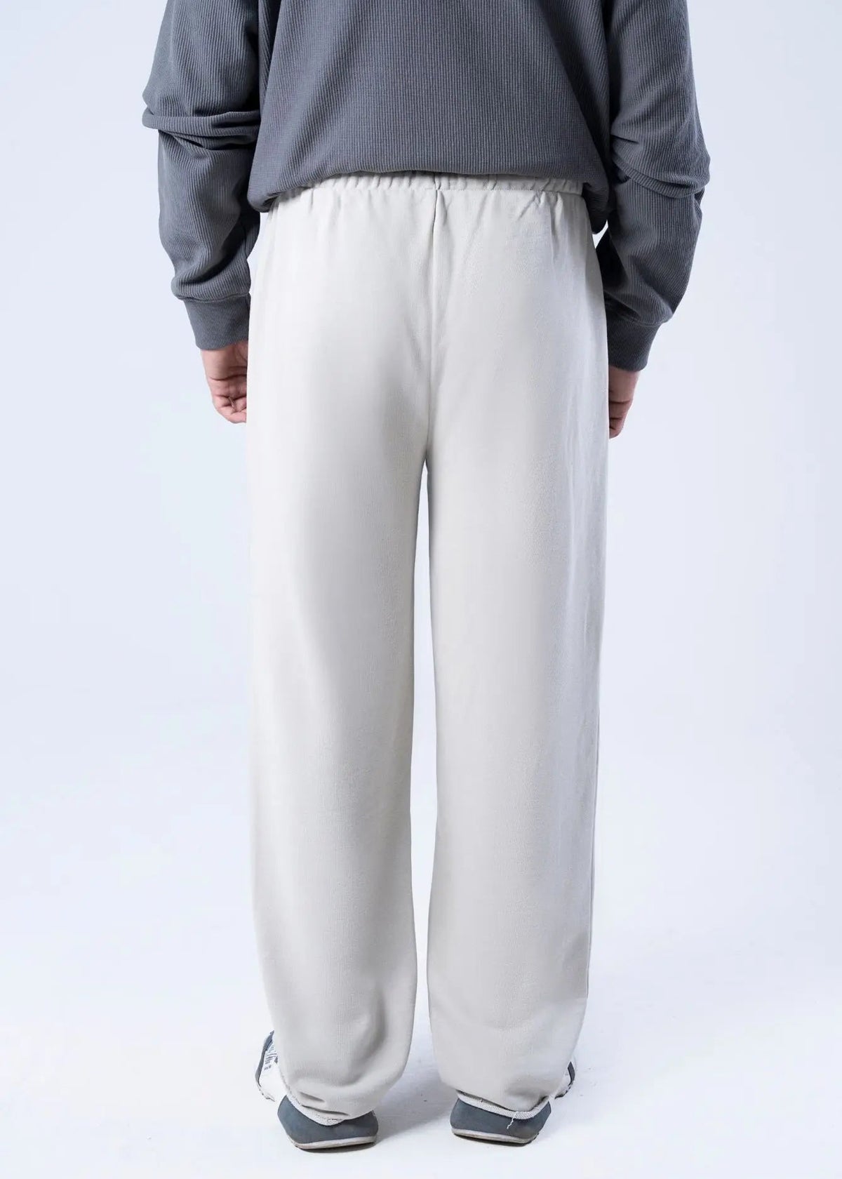 Men's winter pull-on trousers, off-white with charcoal vertical stripe; drawstring