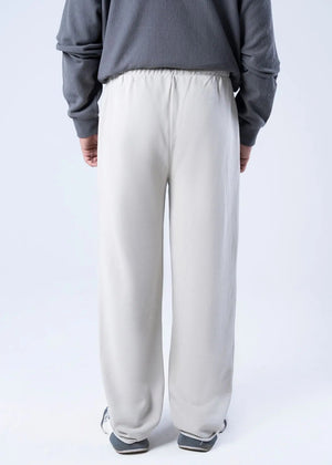 Men's winter pull-on trousers, off-white with charcoal vertical stripe; drawstring