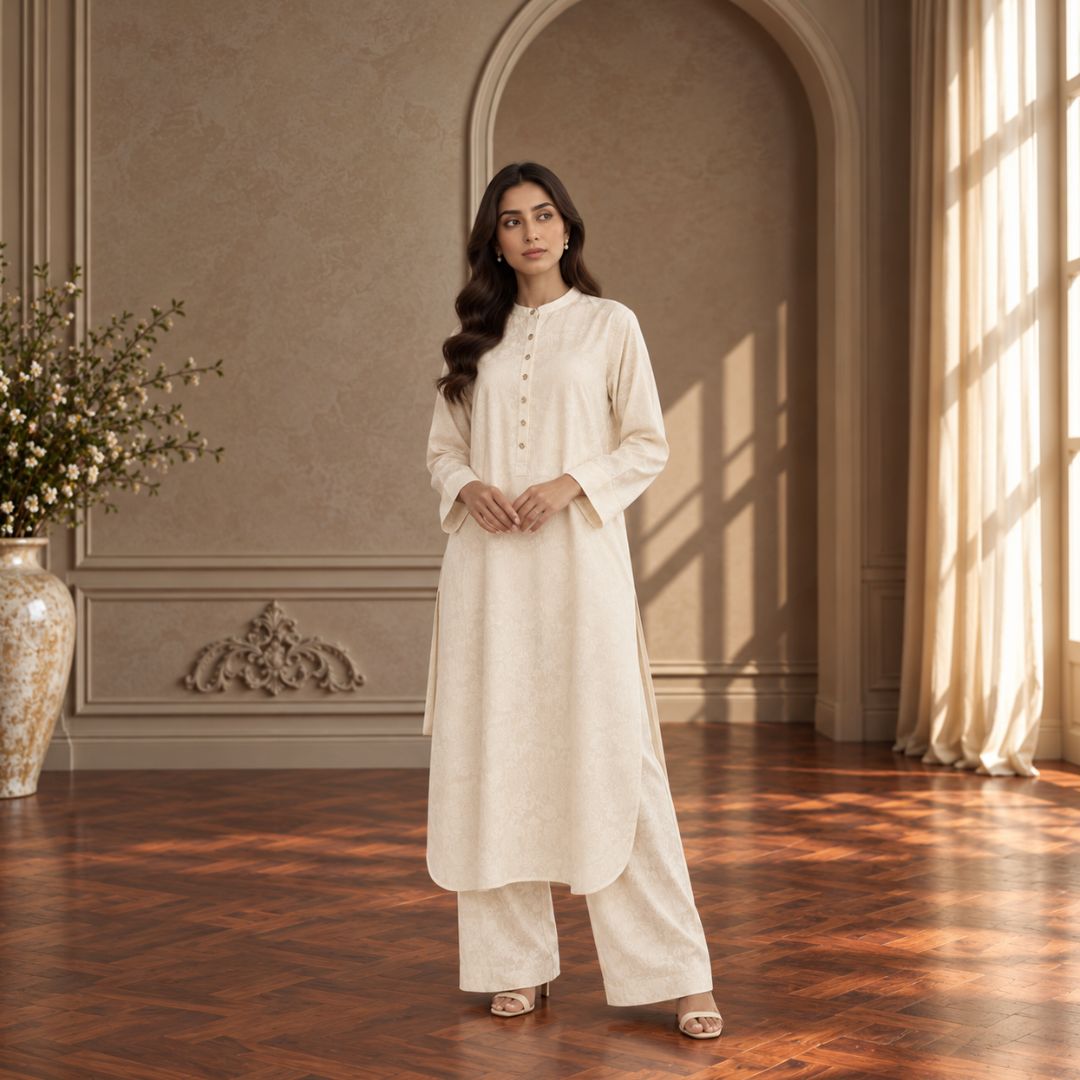 Cream women's two-piece suit: long button-front tunic with matching straight pants