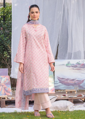 Women’s pink printed cotton lawn suit set with long kurta and matching trousers