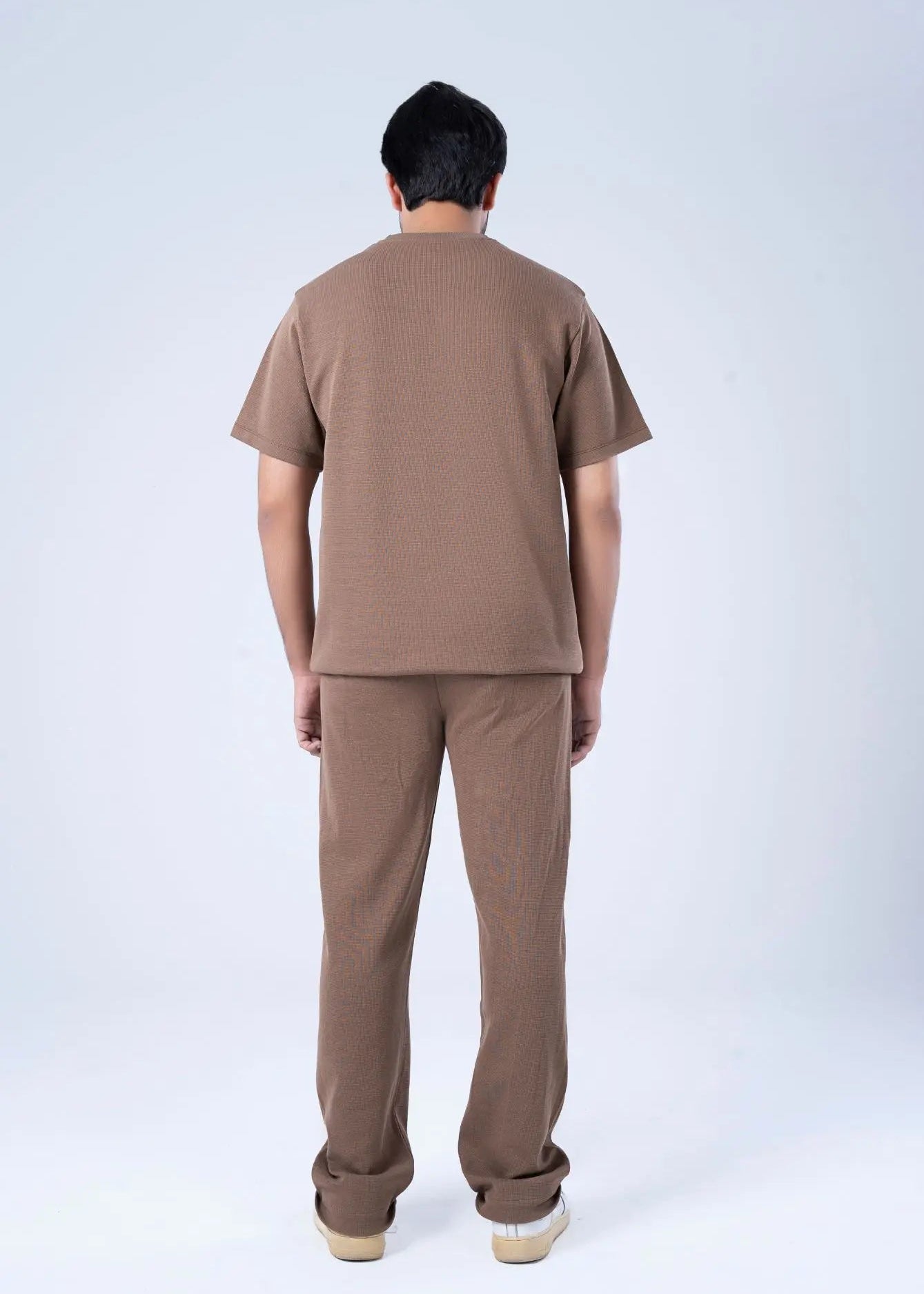Men's brown textured knit crew-neck T-shirt, back view, short sleeves