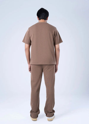 Men's brown textured knit crew-neck T-shirt, back view, short sleeves