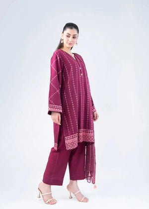 Maroon embroidered kurta with sheer dupatta drape and matching straight pants