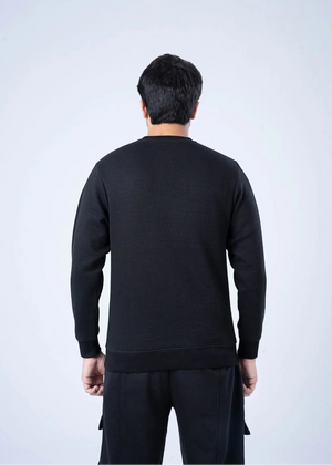 Black waffle-knit sweatshirt back view, crewneck and long sleeves
