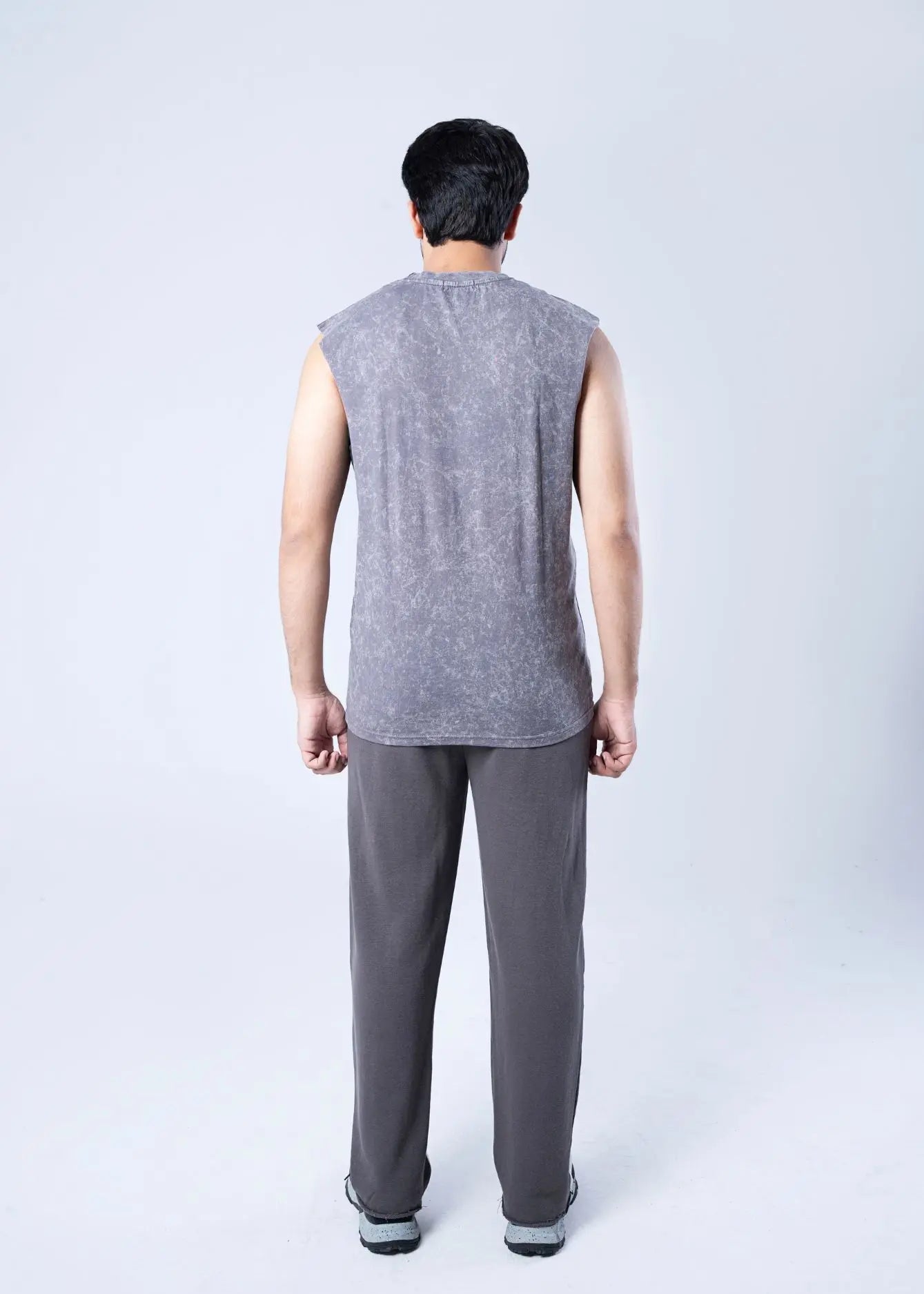 Men's grey cotton jersey sleeveless crew-neck tank top, back view