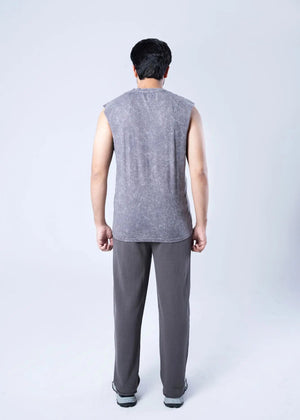Men's grey cotton jersey sleeveless crew-neck tank top, back view
