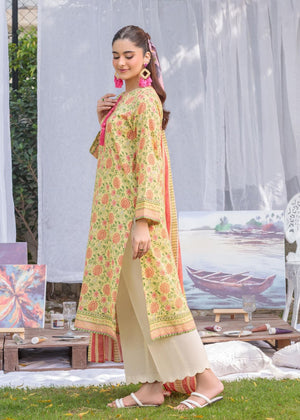 Yellow floral cotton lawn 2-piece suit: printed long kurta, white pants, striped dupatta