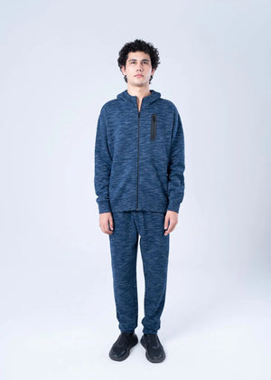 Men's navy melange fleece pull-on trousers with elastic waist, front view