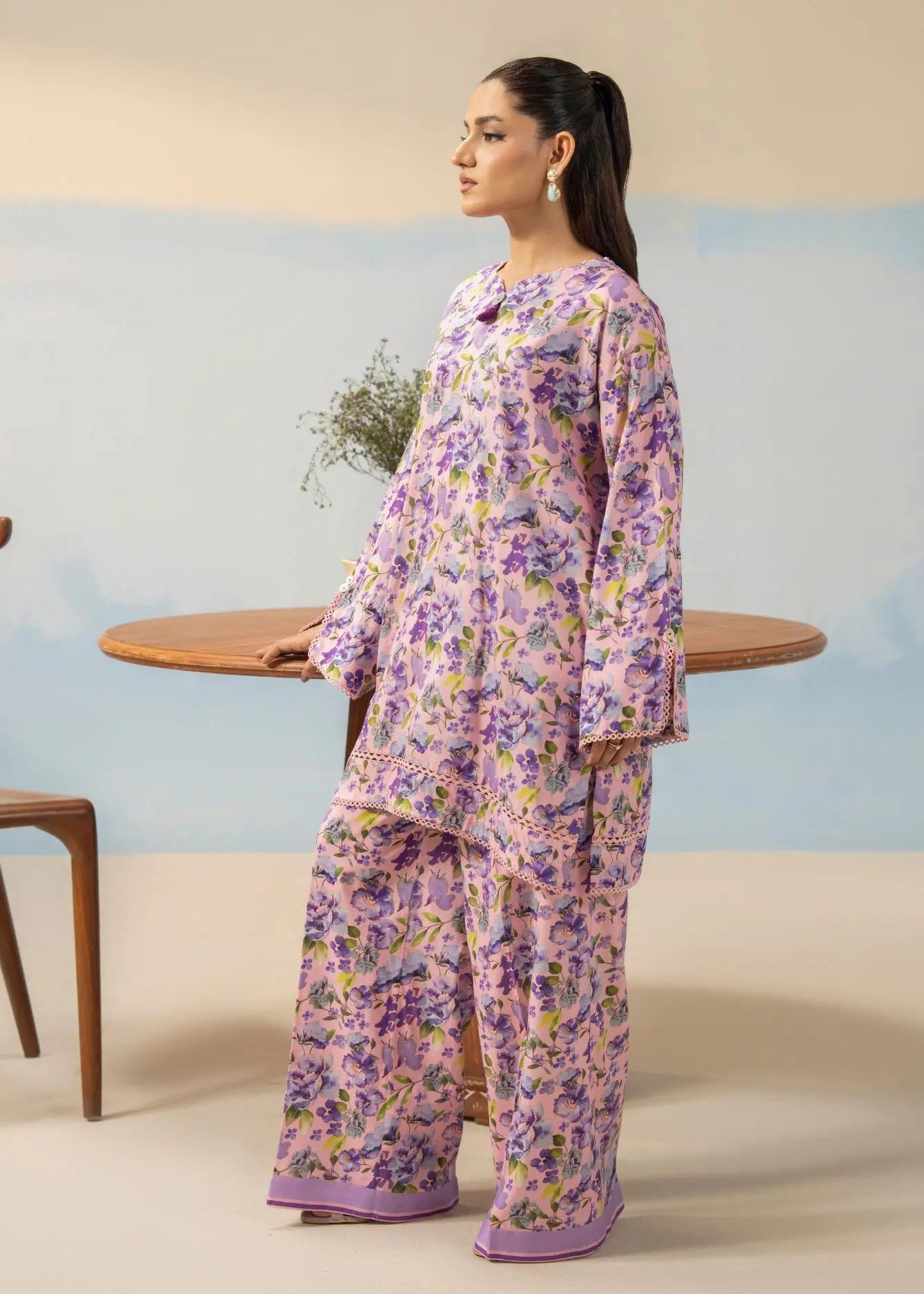 Women's winter co-ord set, floral long-sleeve top and wide-leg pants in lavender
