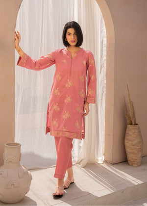 Pink floral 2-piece kurta and pants set, long sleeves, straight fit