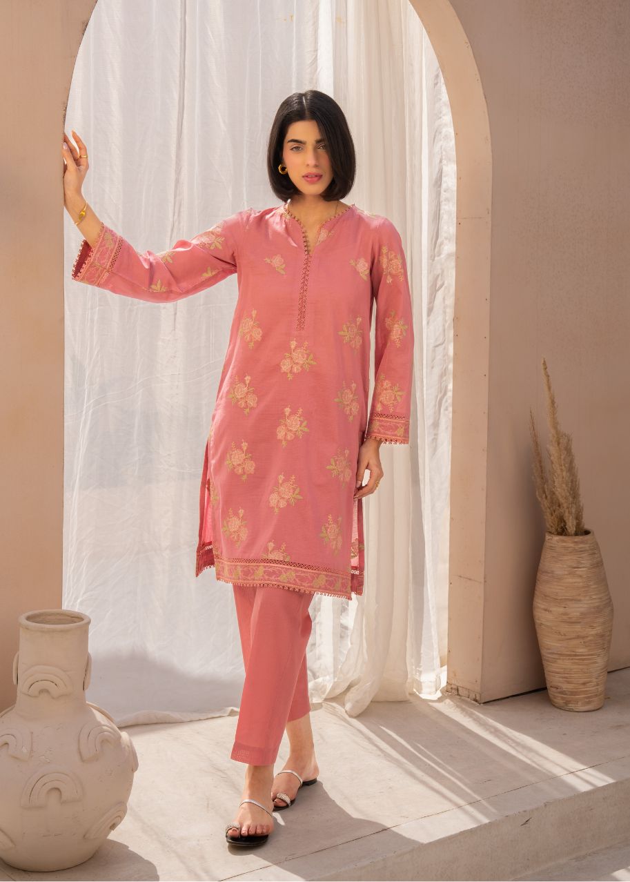 Pink floral 2-piece kurta and pants set, long sleeves, straight fit