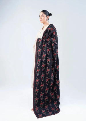 Women's black wool winter shawl with red floral print and maroon border