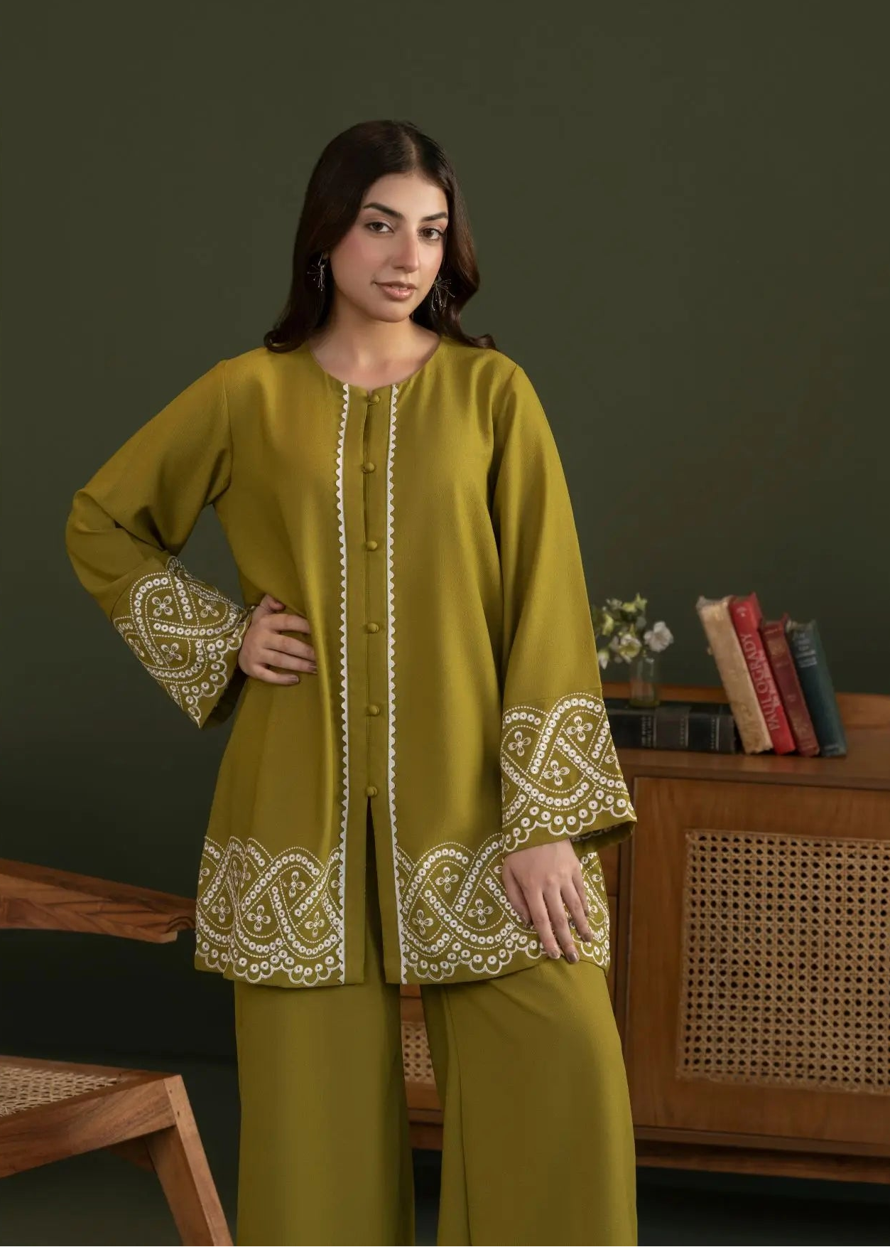 Olive winter co-ord set: button-front long tunic with embroidered border and matching pants