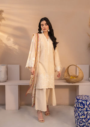 Women's beige embroidered 3-piece set: long kurta, straight pants, dupatta with trim
