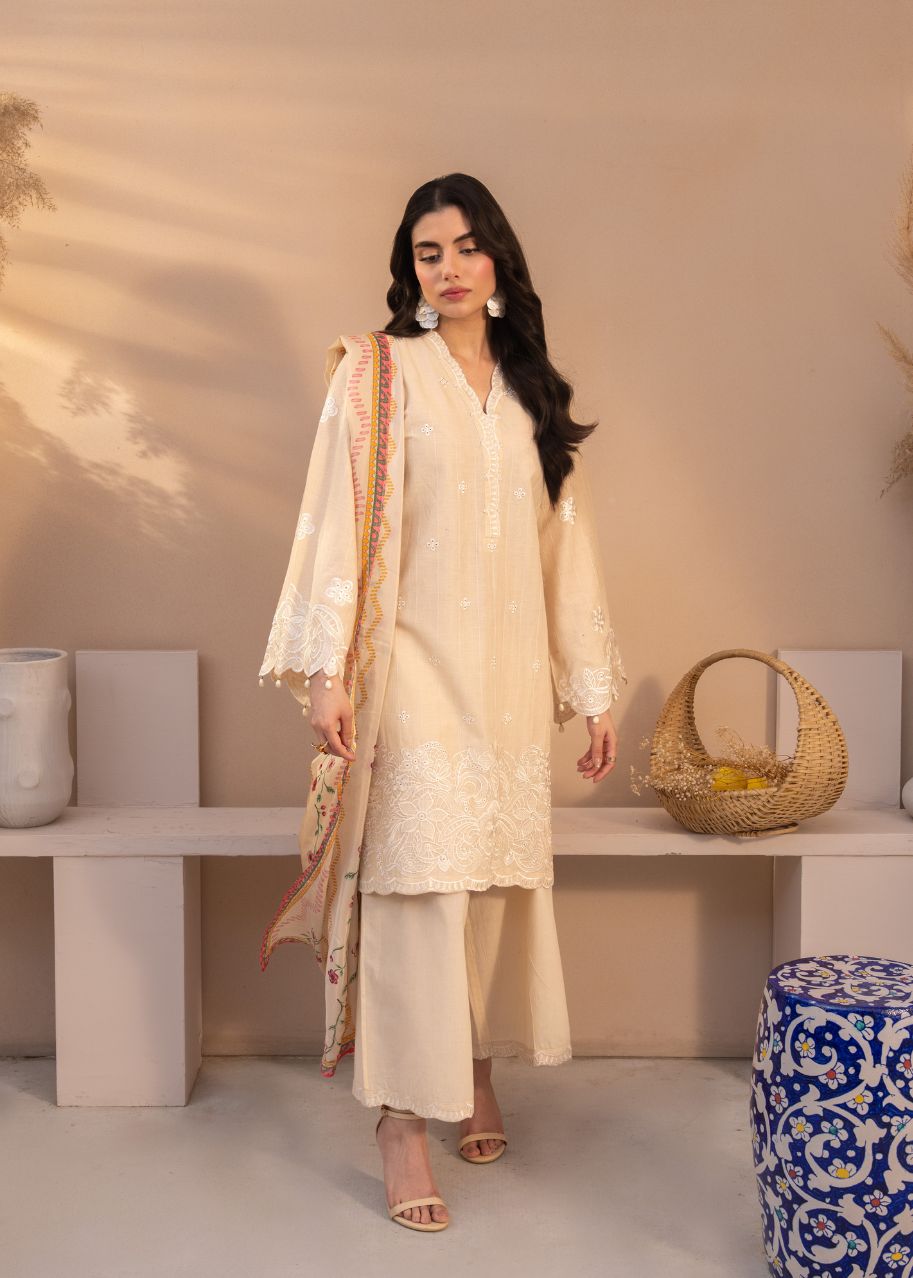 Women's beige embroidered 3-piece set: long kurta, straight pants, dupatta with trim