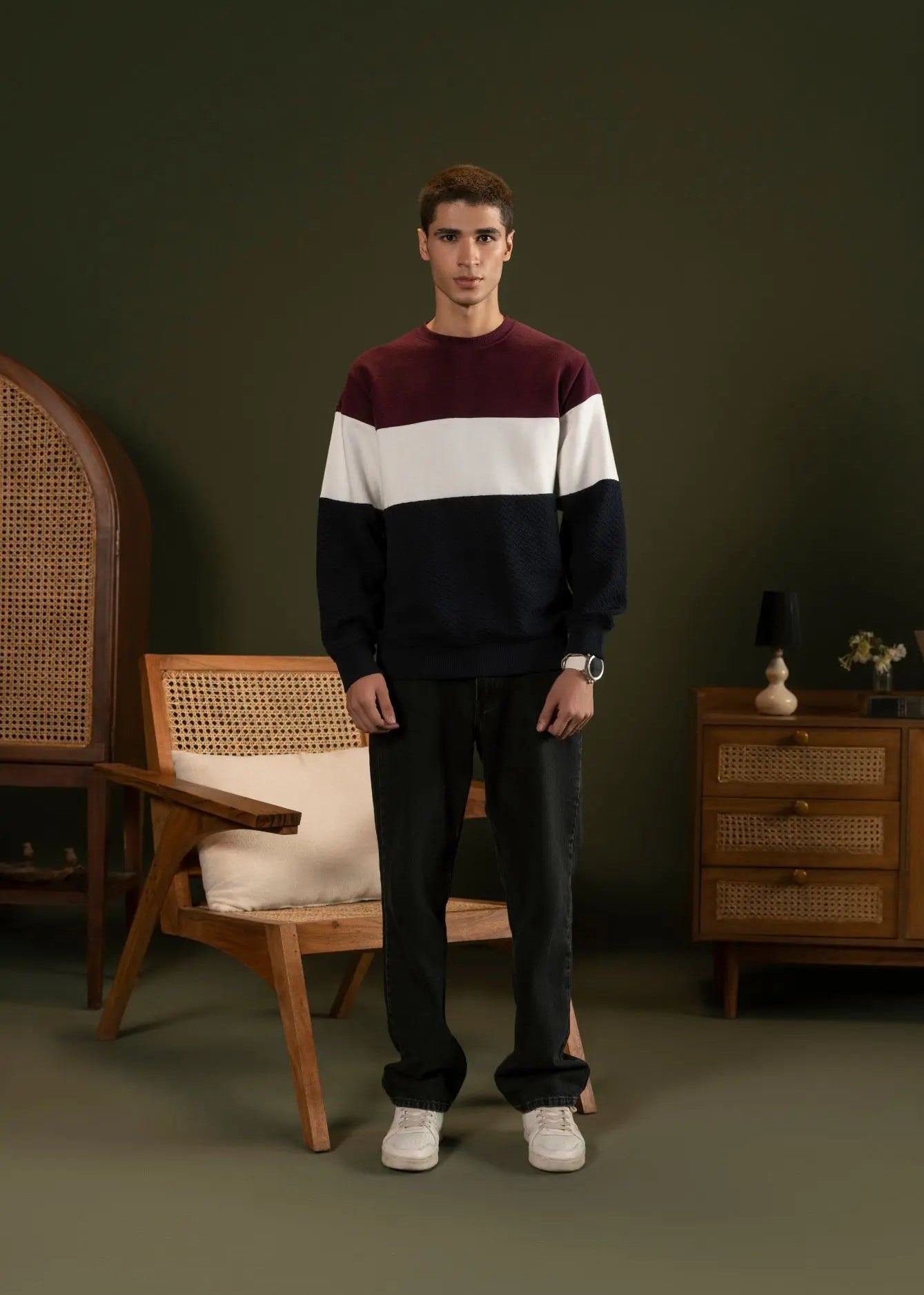 Men's crewneck striped fleece sweatshirt with maroon top, white middle band, navy bottom.