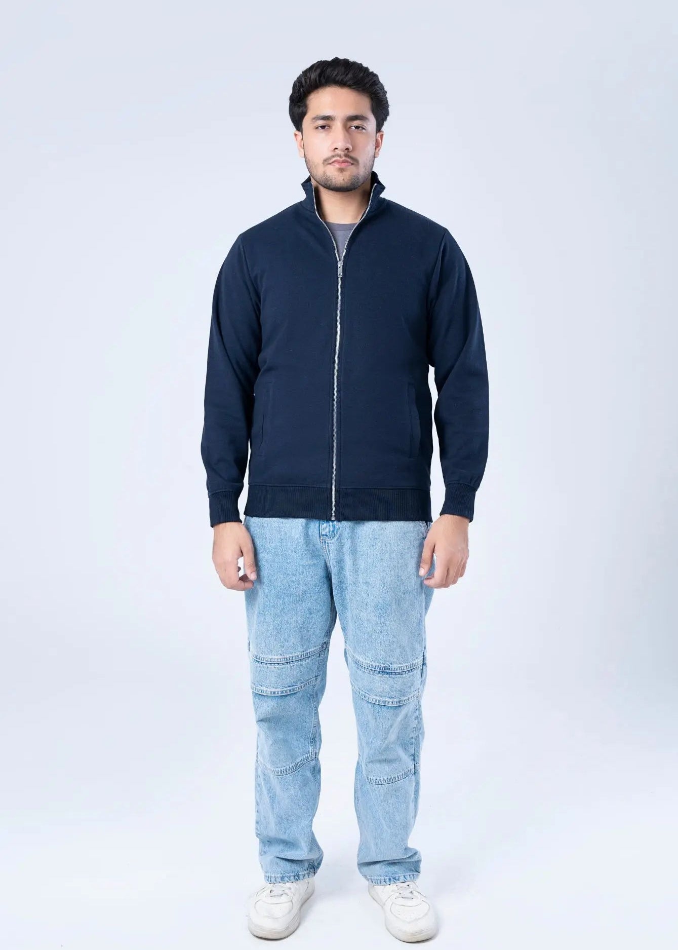 Men's navy fleece zip-up hoodie with full front zipper and kangaroo pocket