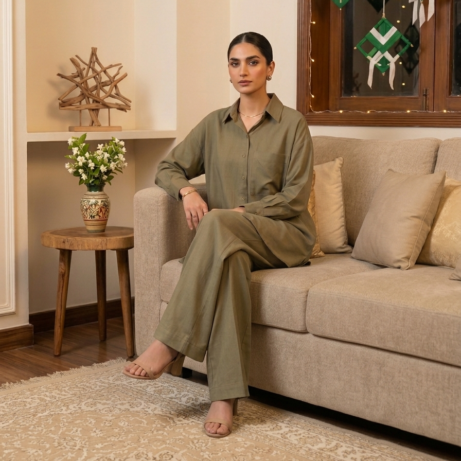 Women’s green co-ord set: long-sleeve collared button shirt and wide-leg trousers
