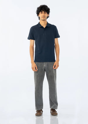 Men's dark polo shirt with short sleeves and button placket, solid knit fabric