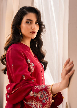 Women's maroon embroidered kurta with patterned cuffs and button front, side view