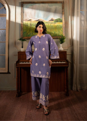 Women's purple embroidered tunic and matching pants set with V-slit neckline