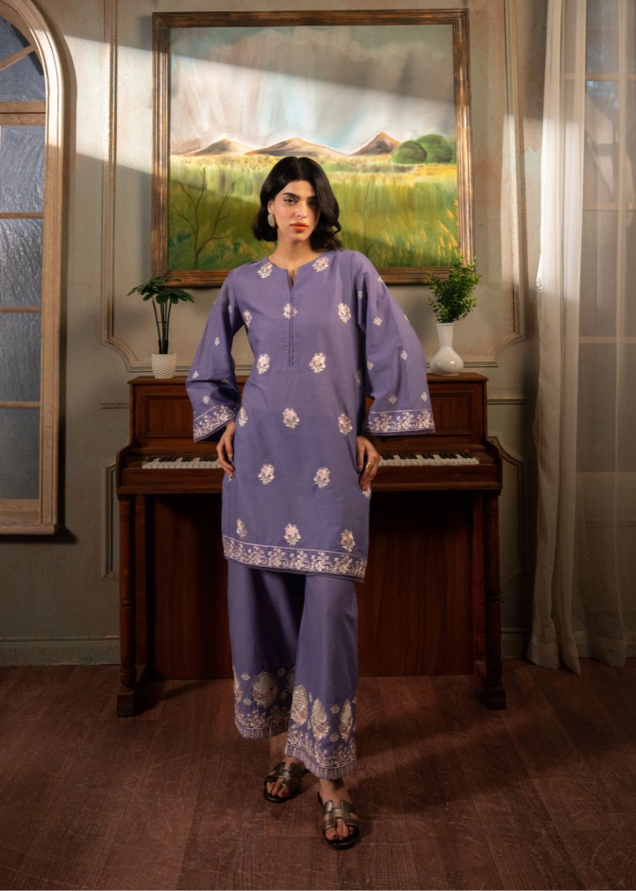 Women's purple embroidered tunic and matching pants set with V-slit neckline